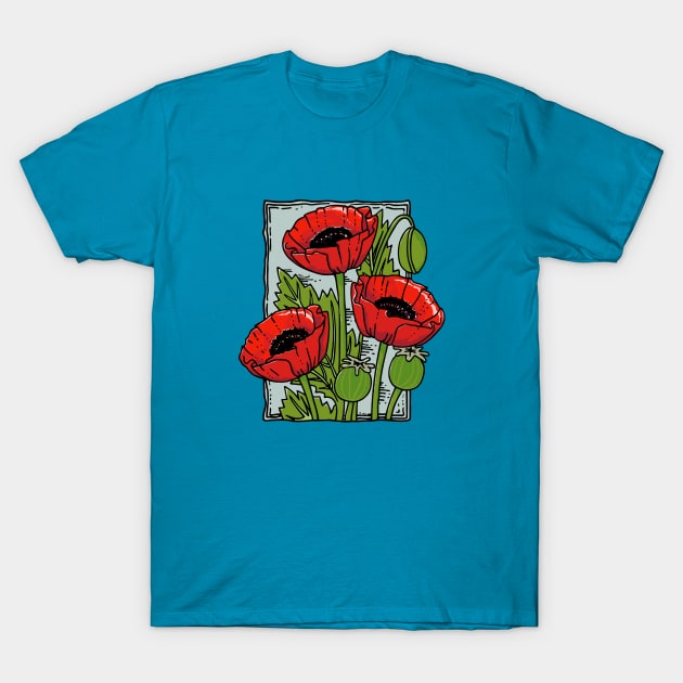 Poppies, Vintage style flower stamp (colored) T-Shirt by Colette